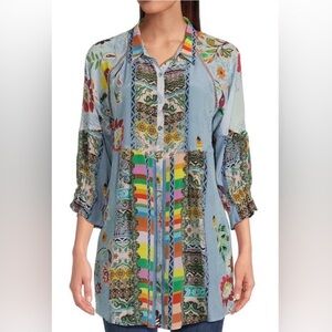 Johnny Was Colorful Floral Patchwork Tunic Silk Longsleeve Top